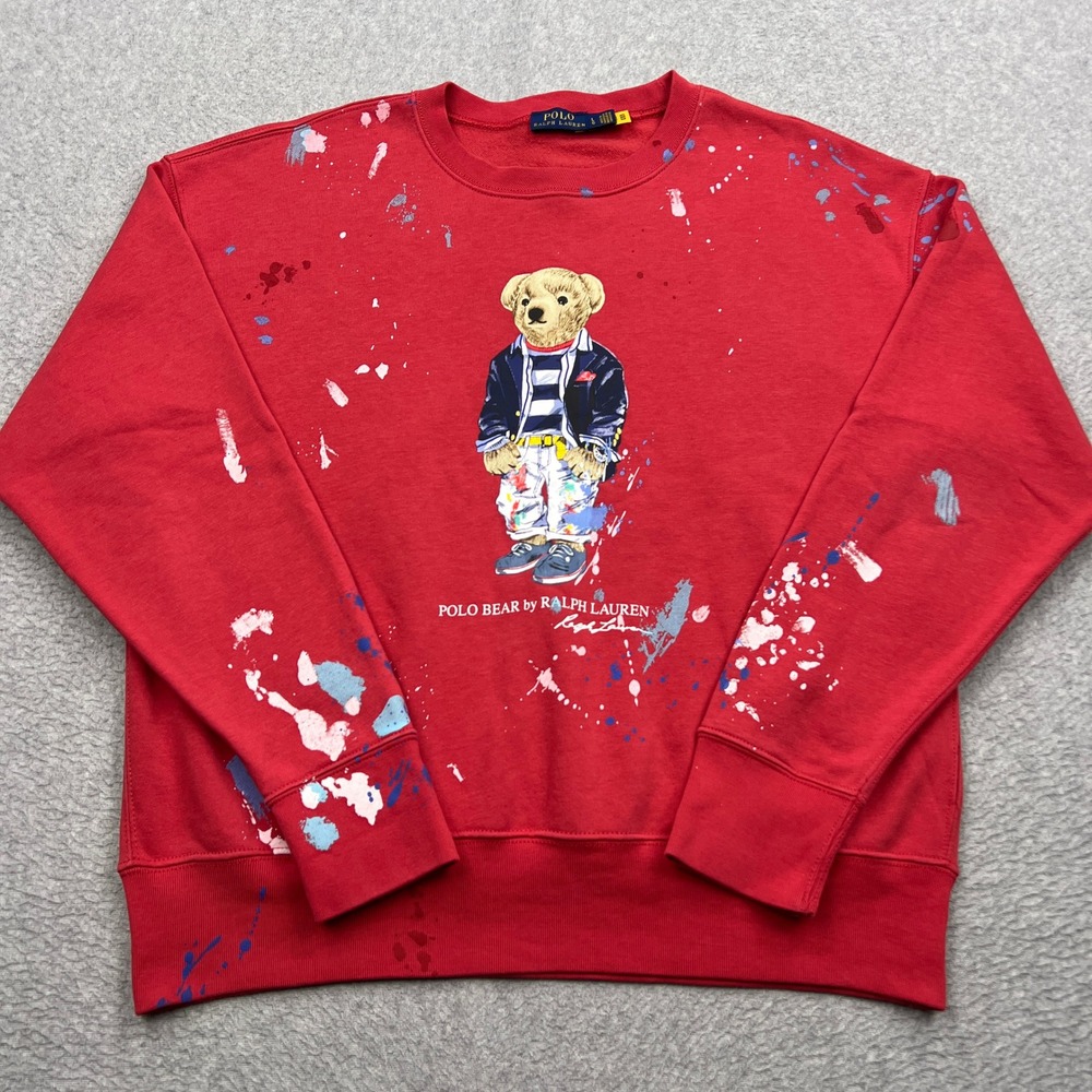 Ralph Lauren Polo Bear Distressed Sweatshirt Mens Large Red Fleece Paint Splats